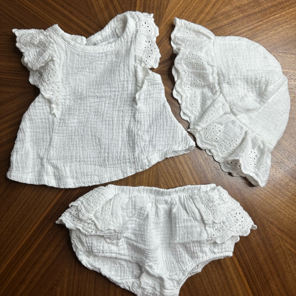 Rachel Zoe White Eyelet Baby Hat and Outfit Set